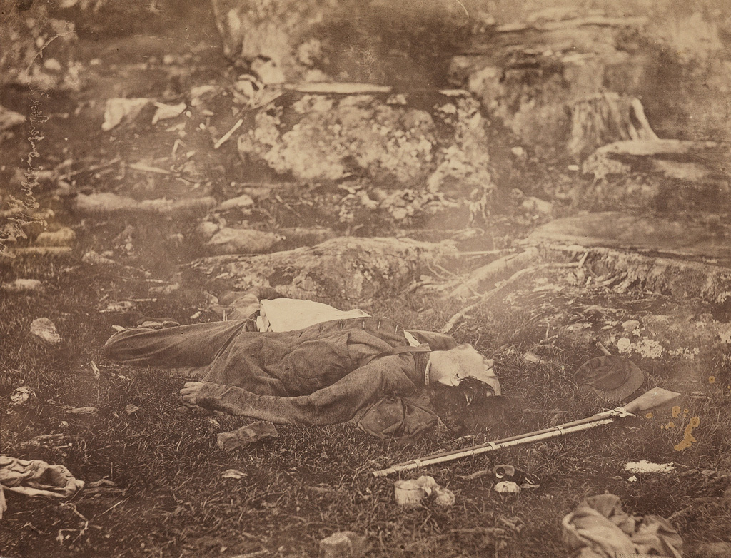 ALEXANDER GARDNER (1821-1882) Sharpshooters Last Sleep, At the Battle of Gettysburg.